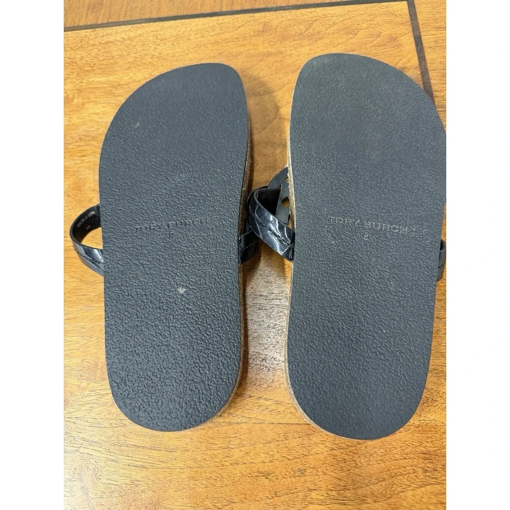 Tory Burch Miller Cloud Sandals Womens 8 Perfect Black Patent Leather Logo Thong